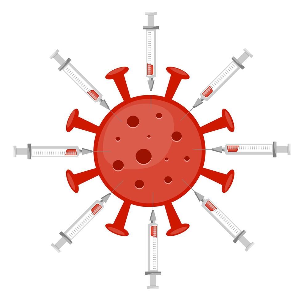 Coronavirus molecule surrounded by syringes containing vaccine. Vector illustration.