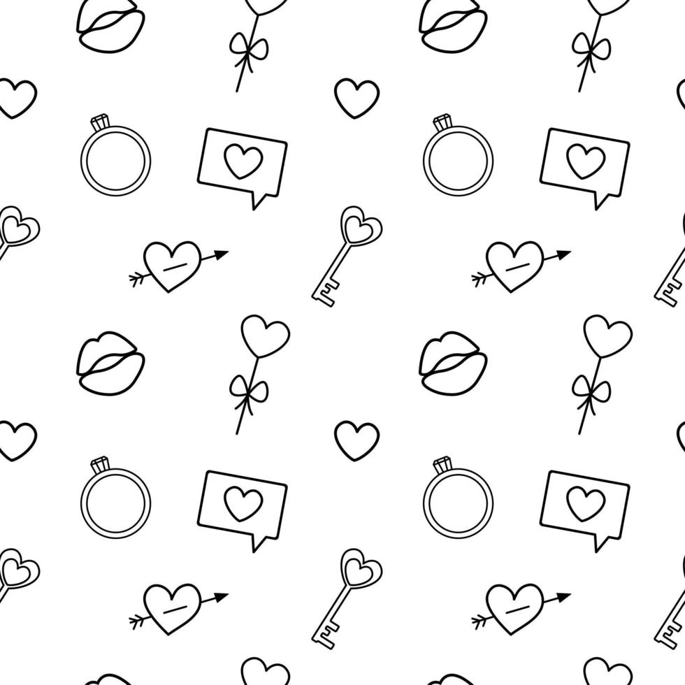 Seamless monochrome pattern for valentine's day. Outlines of heart, lips, ring on white background. vector