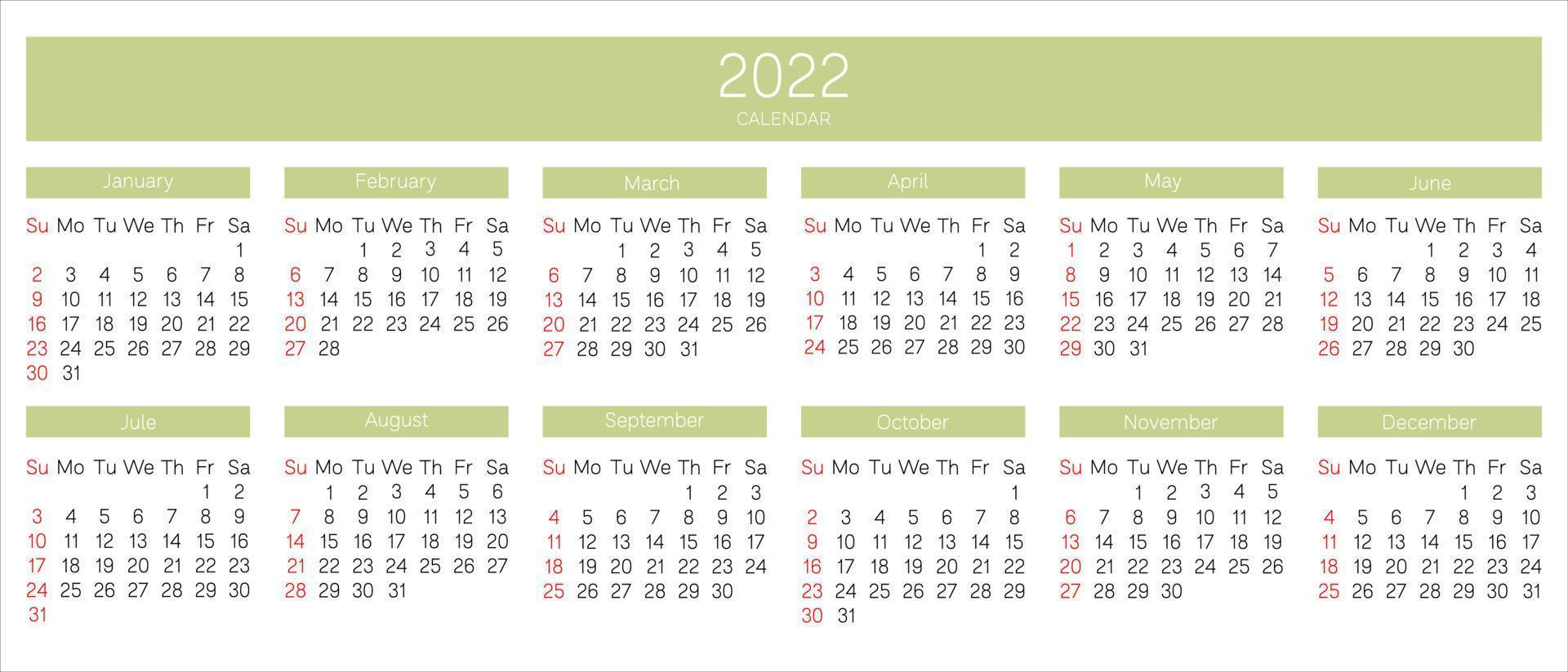 Calendar 2022. Week start Sunday. Annual calendar template in black white green colors, Sunday in red colors. Vector illustration.