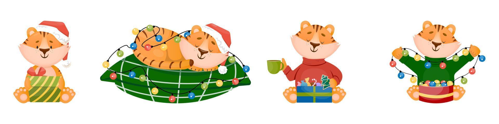 Set of Funny Little Tiger Cub. Group of Vector Character Illustration in Flat Style. Winter Holidays Concept.