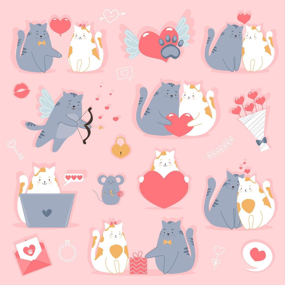 conjunto de día de san valentín. pareja de gatos enamorados. corazones, ramo, ratón, regalo y otros artículos lindos. ilustraciones vectoriales para el concepto del día de San Valentín, tarjetas de felicitación, pegatinas, etc. vector