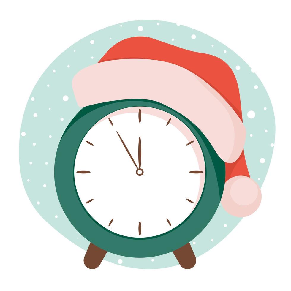 Clock is wearing Santa hat. Happy New Year and Christmas. vector