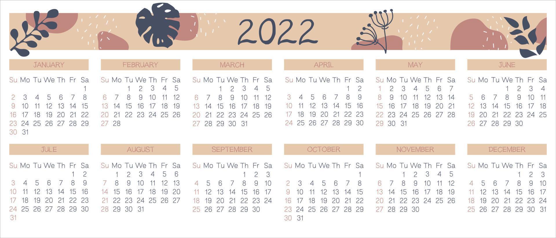 Calendar 2022. Week start Sunday. Annual calendar template with trendy flowers. Vector illustration.