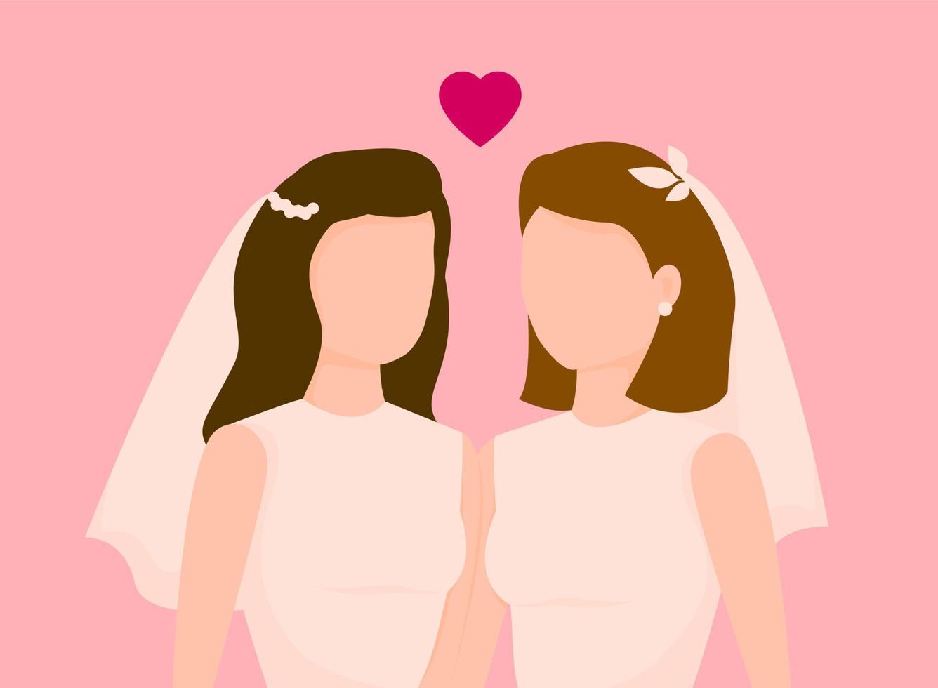 LGBT wedding with two gay women in white dress isolated on pink background. They. vector