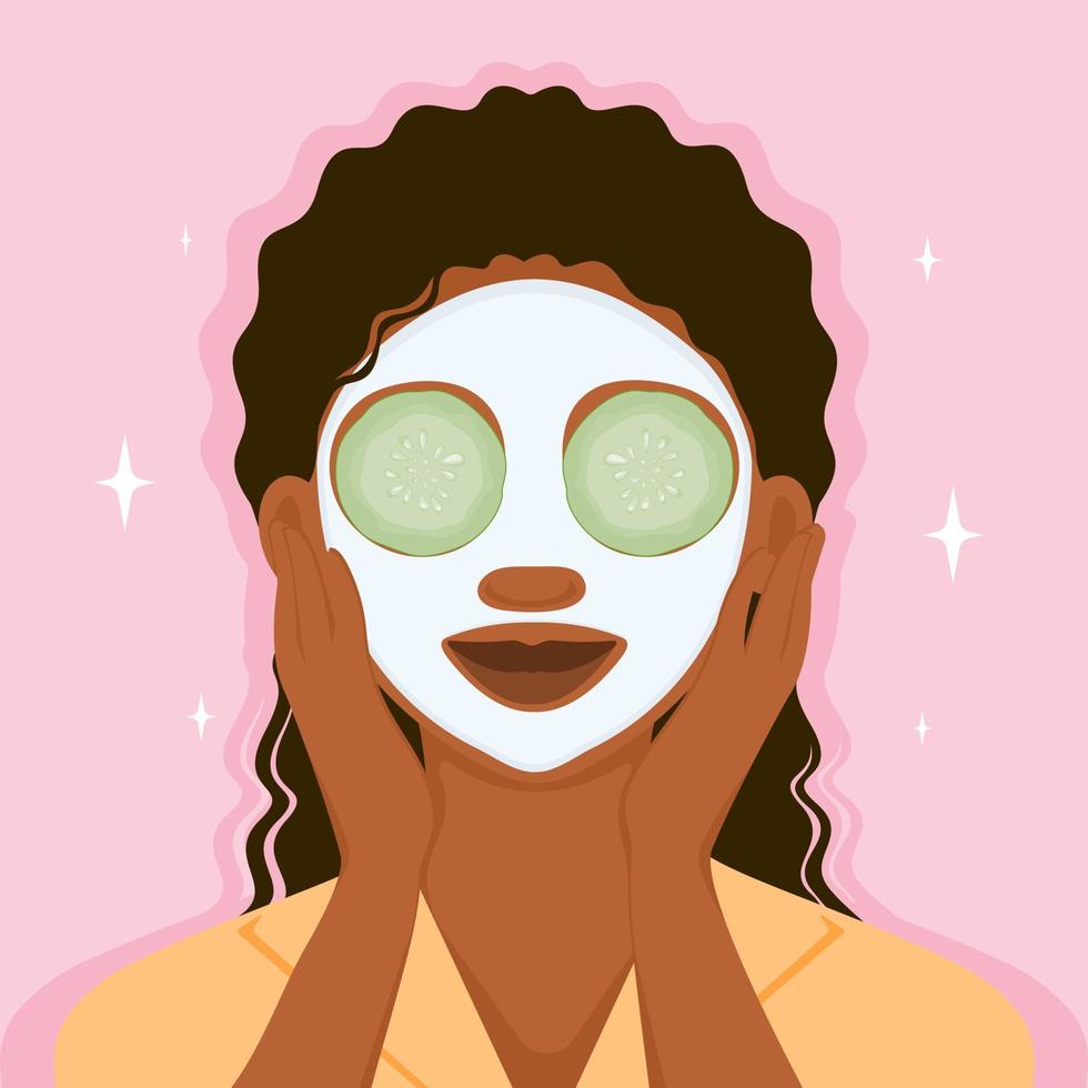 Girl applied a cosmetic mask of cucumber to her face. Cleansing and face care. Home spa. Vector illustration.