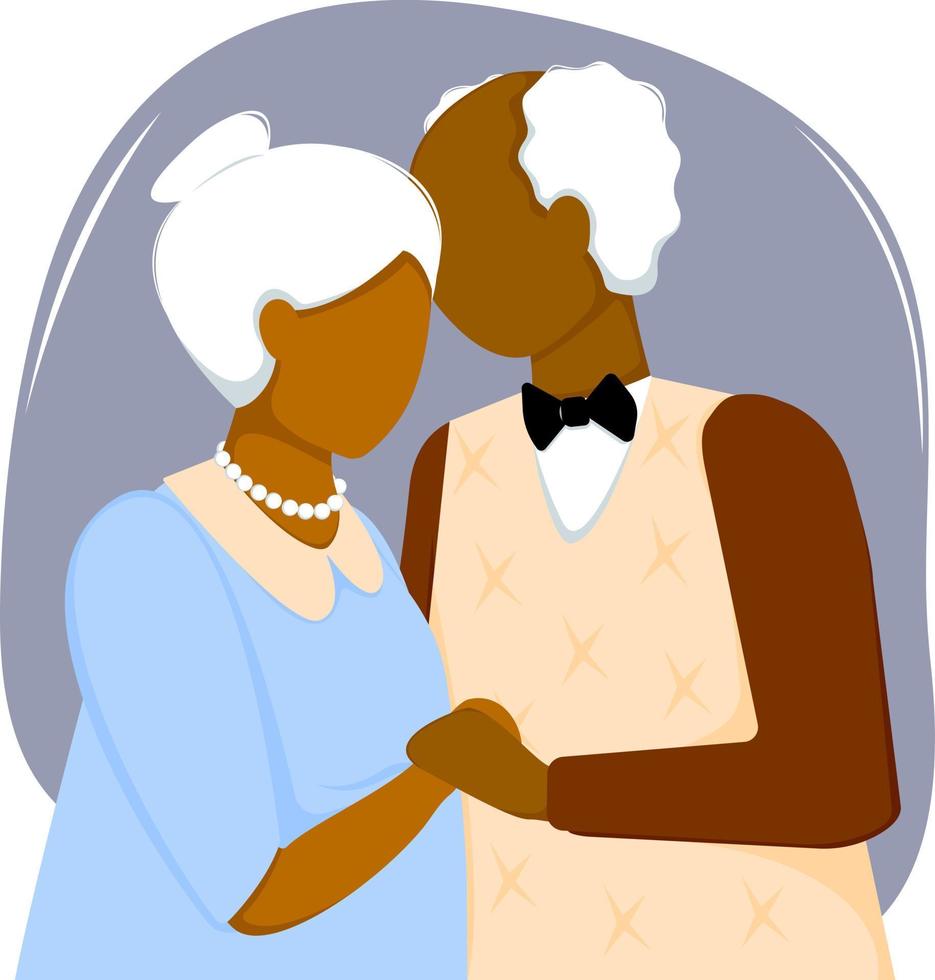 An elderly dark skinned couple of seniors hugs. The old gray-haired husband and wife hug each other. The love and relationship of an elderly couple. Vector illustration.