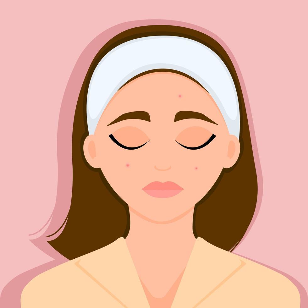 Sad young girl is upset about her problem skin, acne, pimples. Vector illustration.