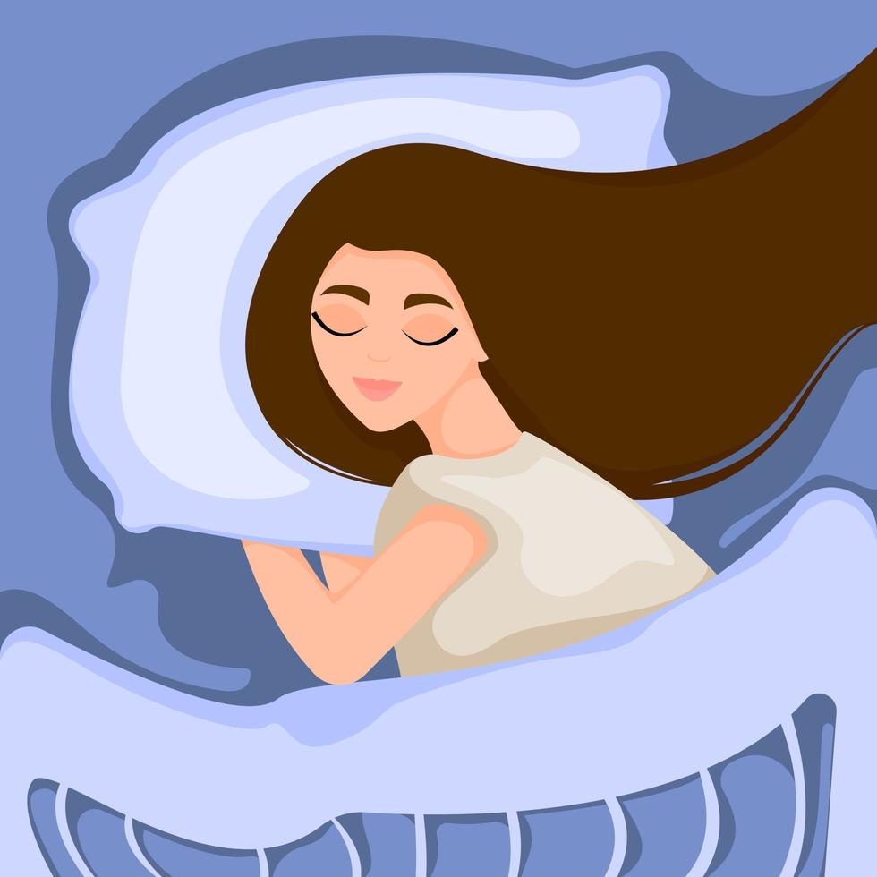 Girl sleeping at night in bed under duvet. Concept of healthy sleep. Cute woman sleeping on pillow. Vector illustration in flat style.