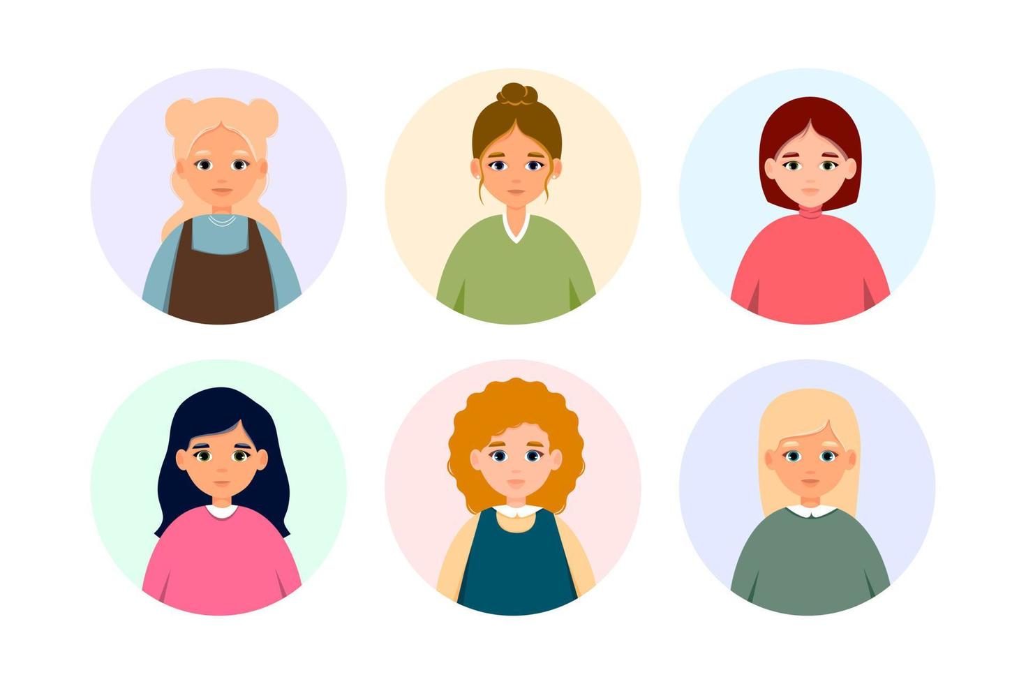 Set of Portraits of Caucasian Woman. Group of Avatars of Female Person. Vector Icon of Adult in Flat Style. Headshot.