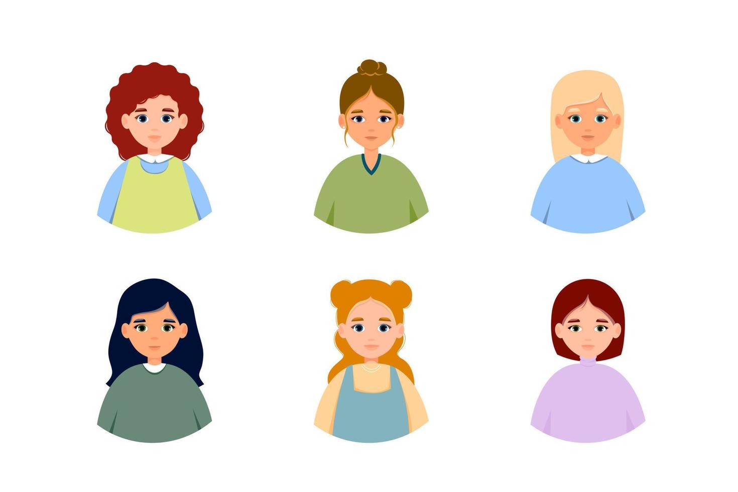 Set of Portraits of Caucasian Woman. Group of Avatars of Female Person. Vector Icon of Adult in Flat Style. Headshot.