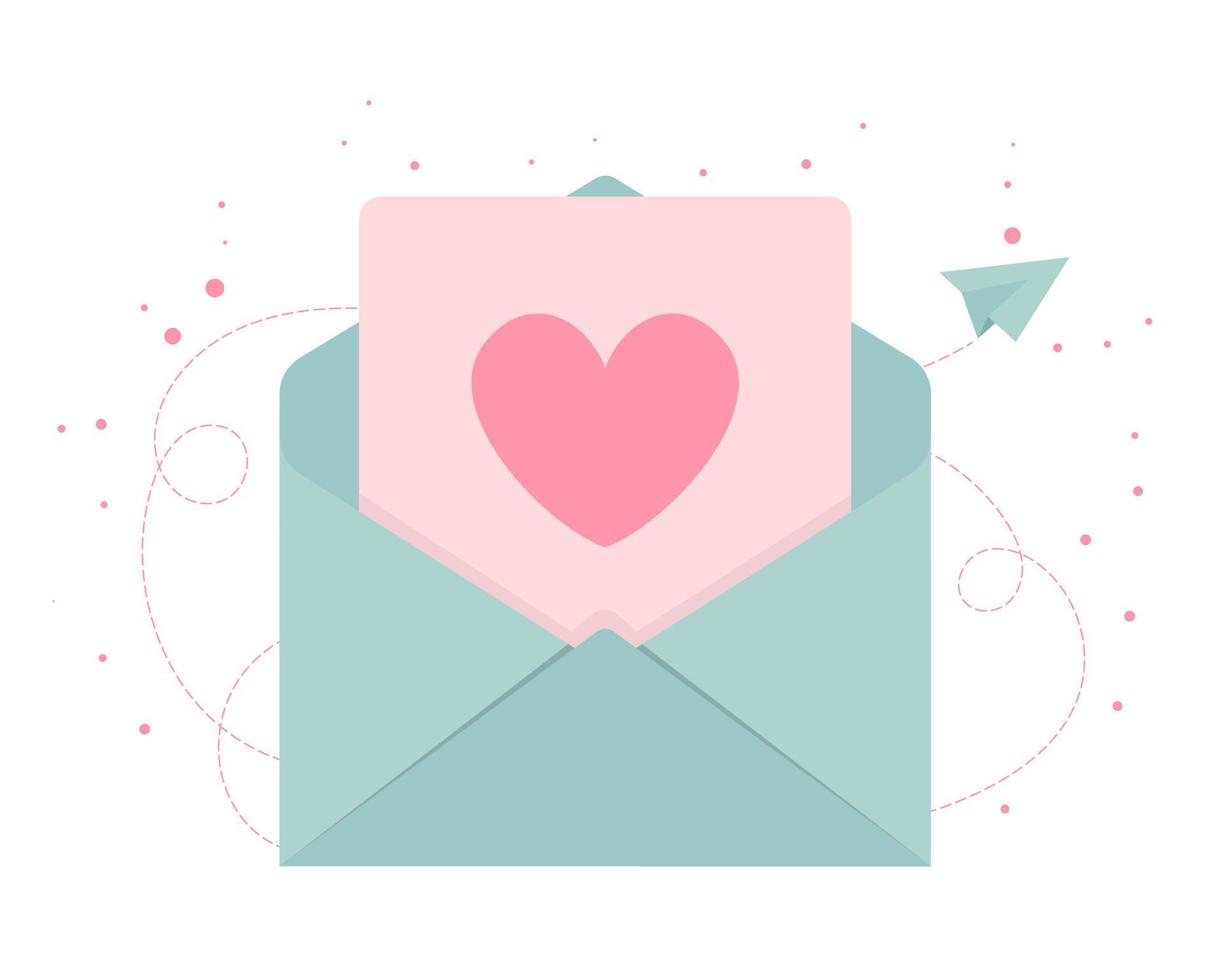 sobre abierto con una carta con corazón. el concepto de enviar mensajes. enviar o recibir una carta, correo. confesar amor. vector