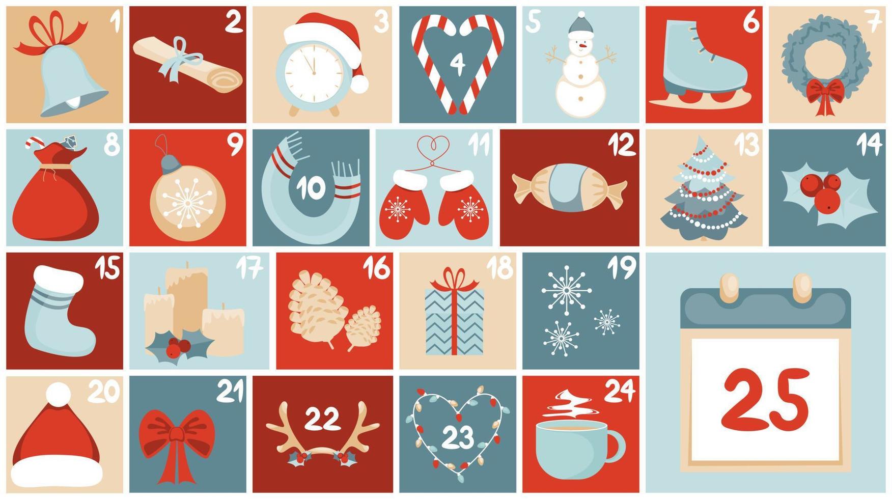 Christmas advent calendar for 25 days December. Xmas vector poster.