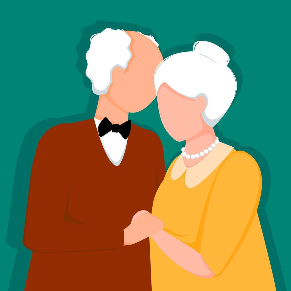 An elderly dark skinned couple of seniors hugs. The old gray-haired husband and wife hug each other. The love and relationship of an elderly couple. Vector illustration.