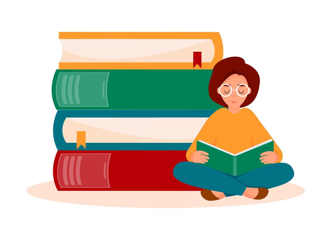 Girl reading book on background on Stack of books. Concept of learning, education, knowledge, hobby. Vector illustration in flat style.