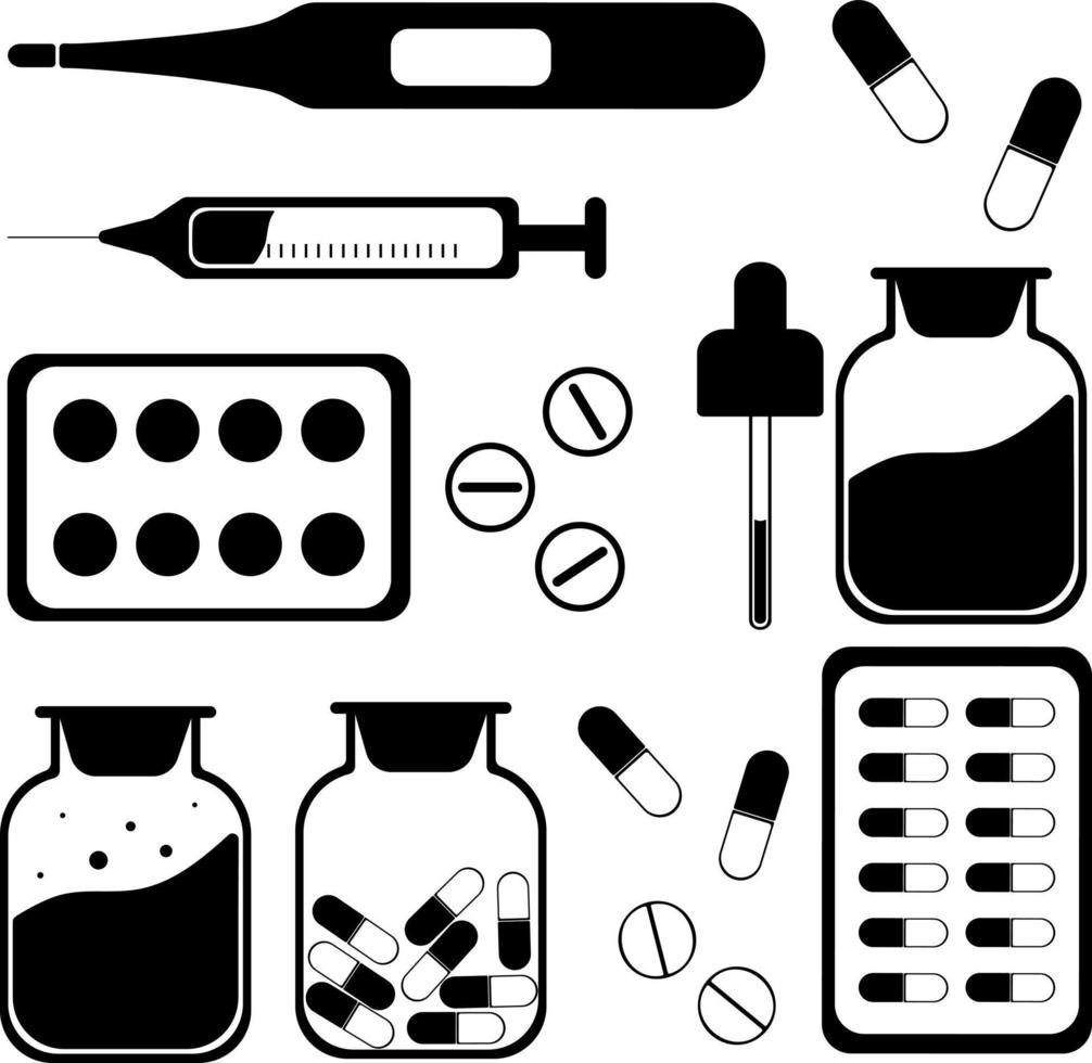 Set of vector flat icons medications. Thermometer, syringe, Drugs and pills, bottle and pipette,bottle of medicine. Stencil.