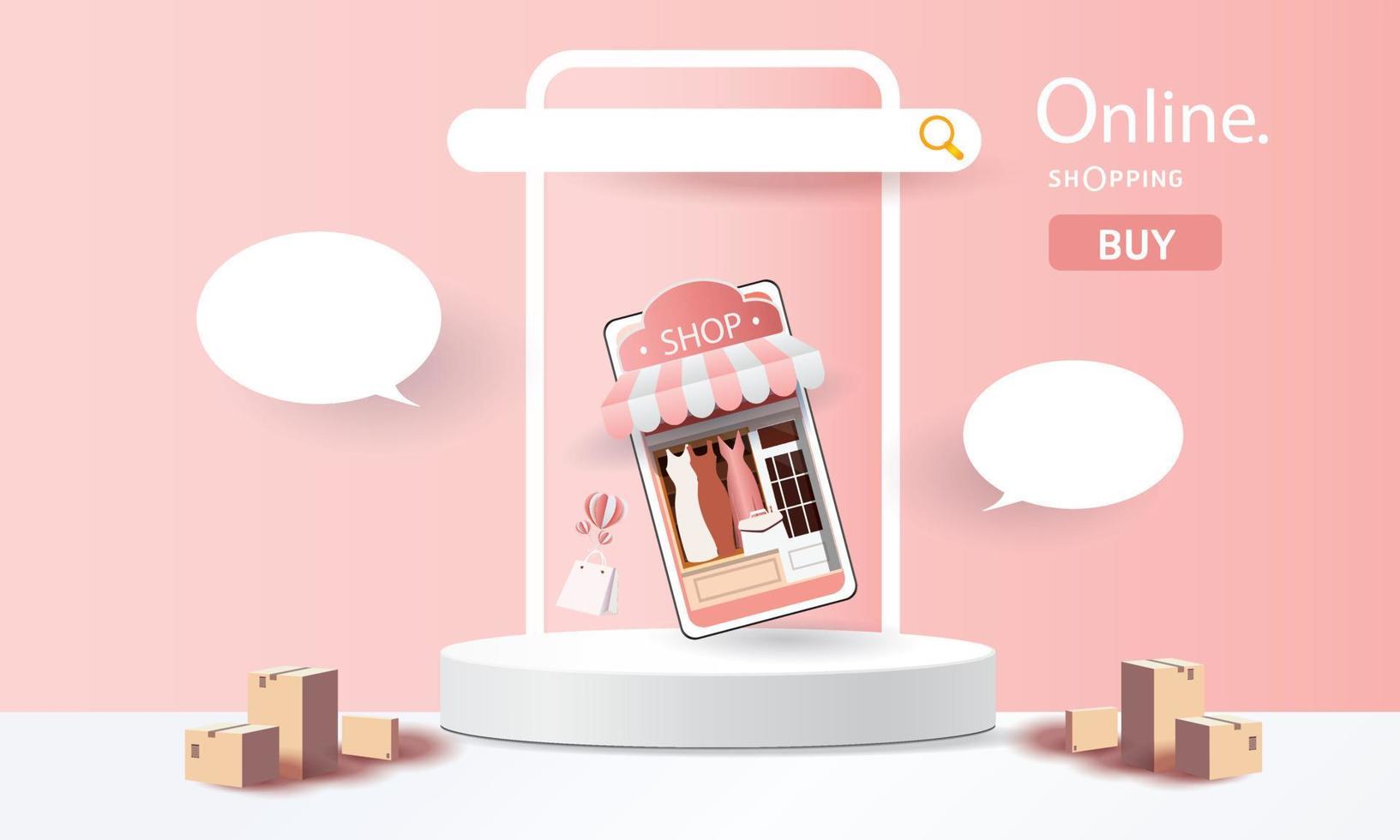 Online delivery service home office  Warehouse,cartoon paper art on mobile. Vector illustration.shopping online