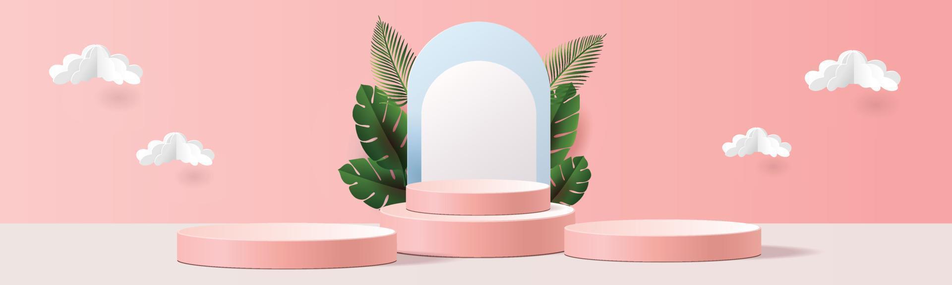 3d geometric podium mockup leaf tropical netural concept for showcase pink blue background Abstract minimal scene product presentation vector illustation