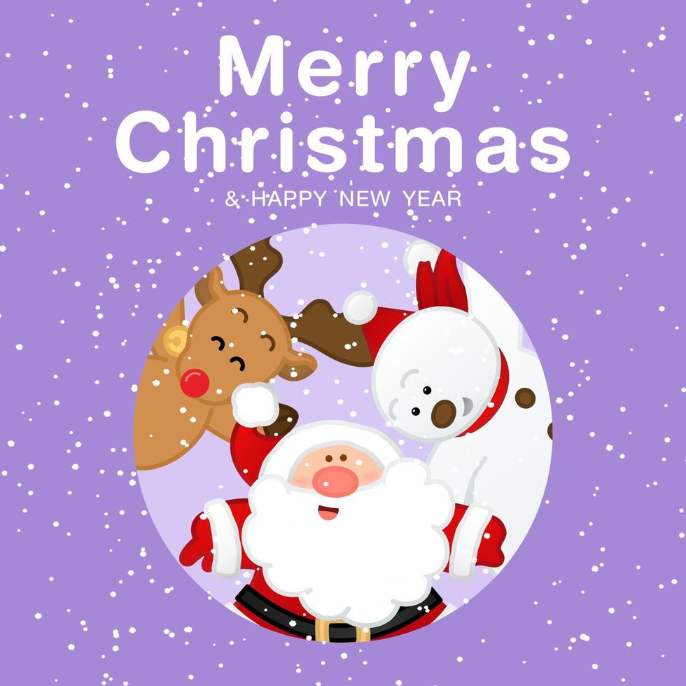 Merry Christmas and happy new year greeting card with Santa clause, Reindeer and Snowman, Cute holiday cartoon character, Vector illustration for design