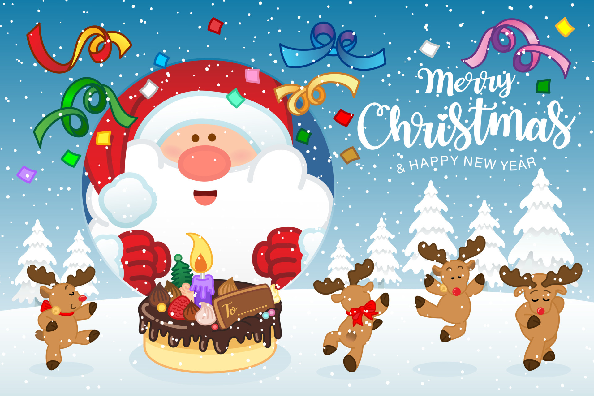 Merry Christmas and happy new year Greeting card with Santa clause, and  Reindeer dance in winter background, Cute holiday cartoon character, Vector  illustration 6633050 Vector Art at Vecteezy