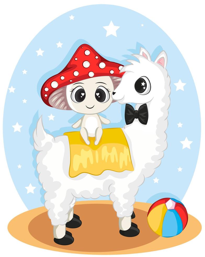 Cute funny llama with mushroom character vector