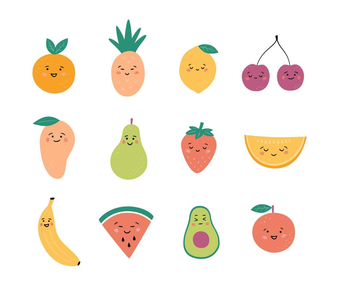 frutas y bayas divertidas. establecer personajes de frutas kawaii. vector dibujado a mano