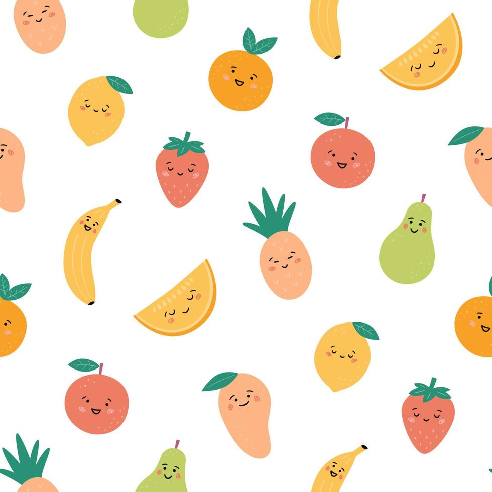 patrón sin fisuras con frutas divertidas. kawaii personajes de frutas sonrientes. vector