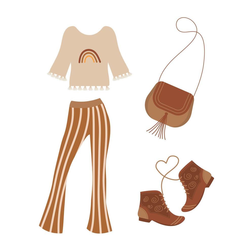 Boho outfit. Striped flared trousers, rainbow blouse, fringed bag and leather boots. vector