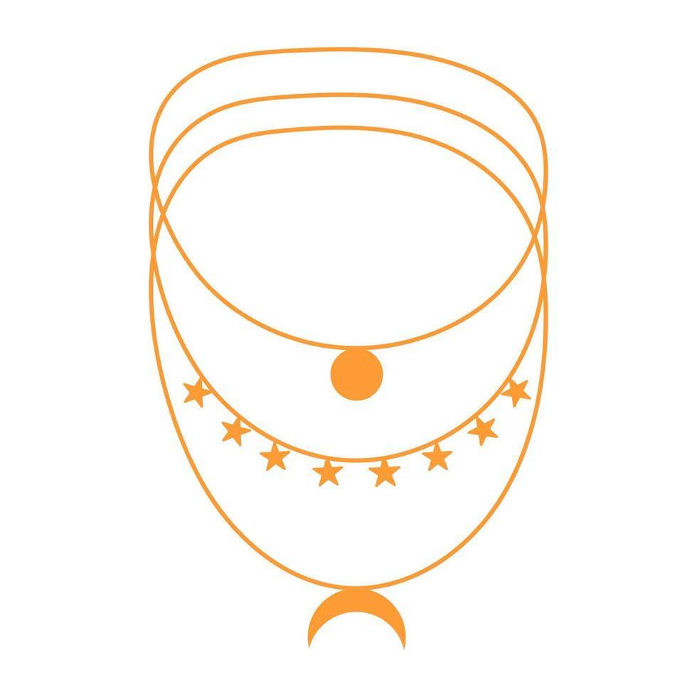 Boho style necklace with stars, moon and circle. Handmade jewelry in ethnic style. vector