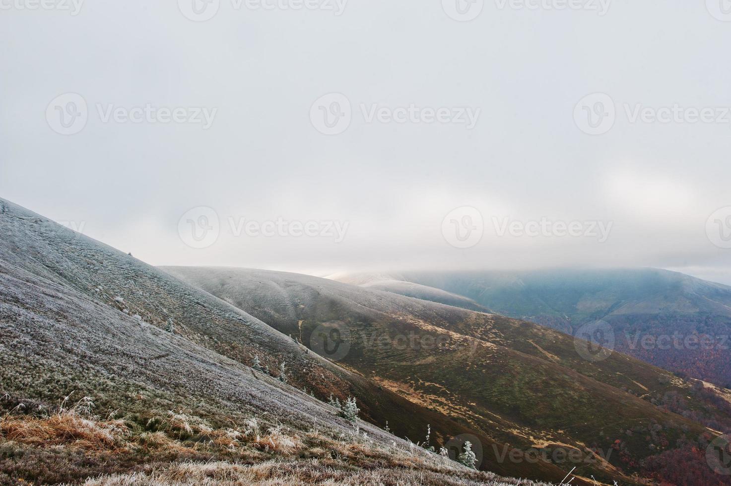 Snow covered mountain top with fog at Carpathian mountains, Ukraine. photo