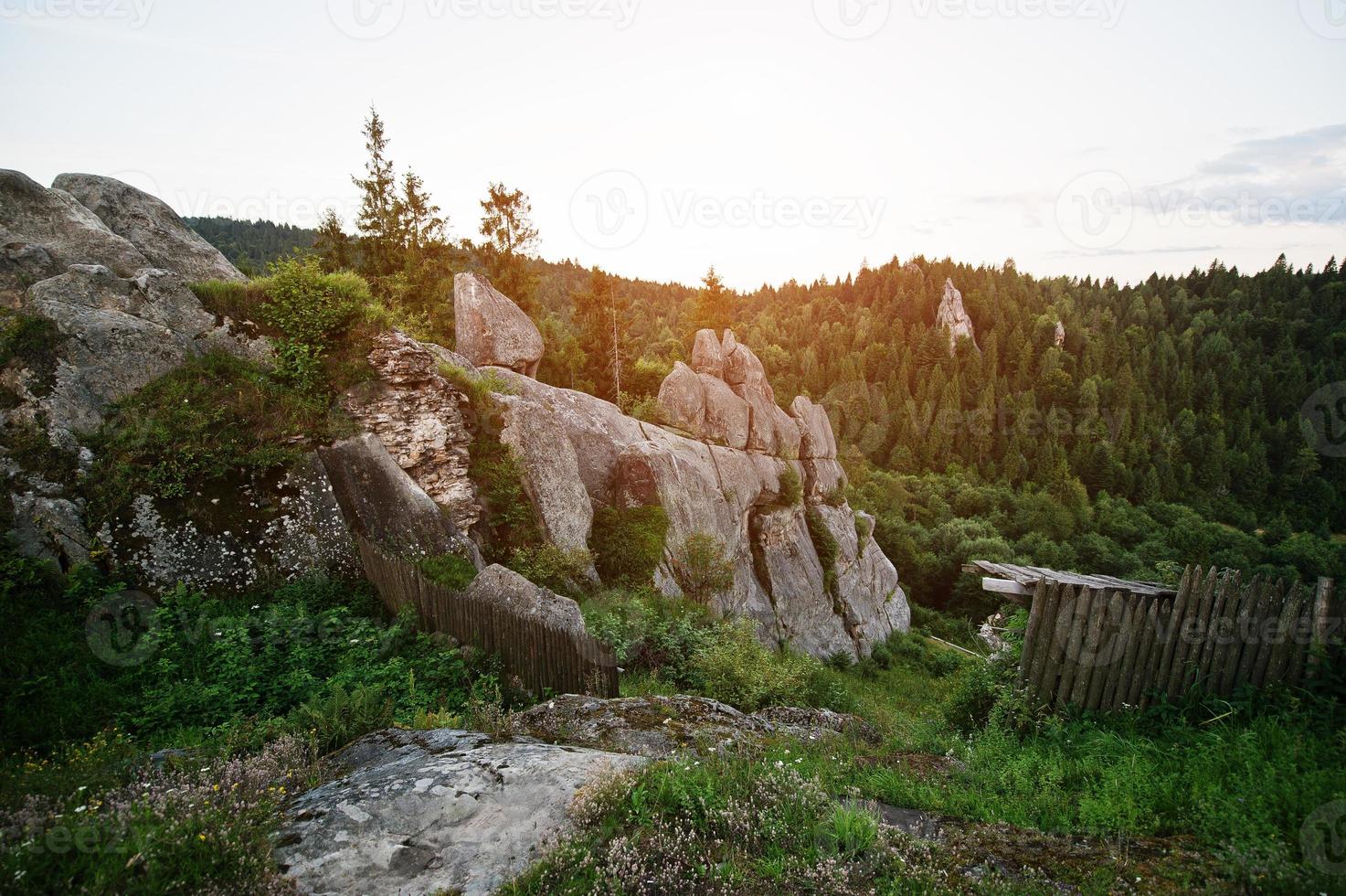 Tustan fortress ruins of rocks at Carpathian Ukraine photo