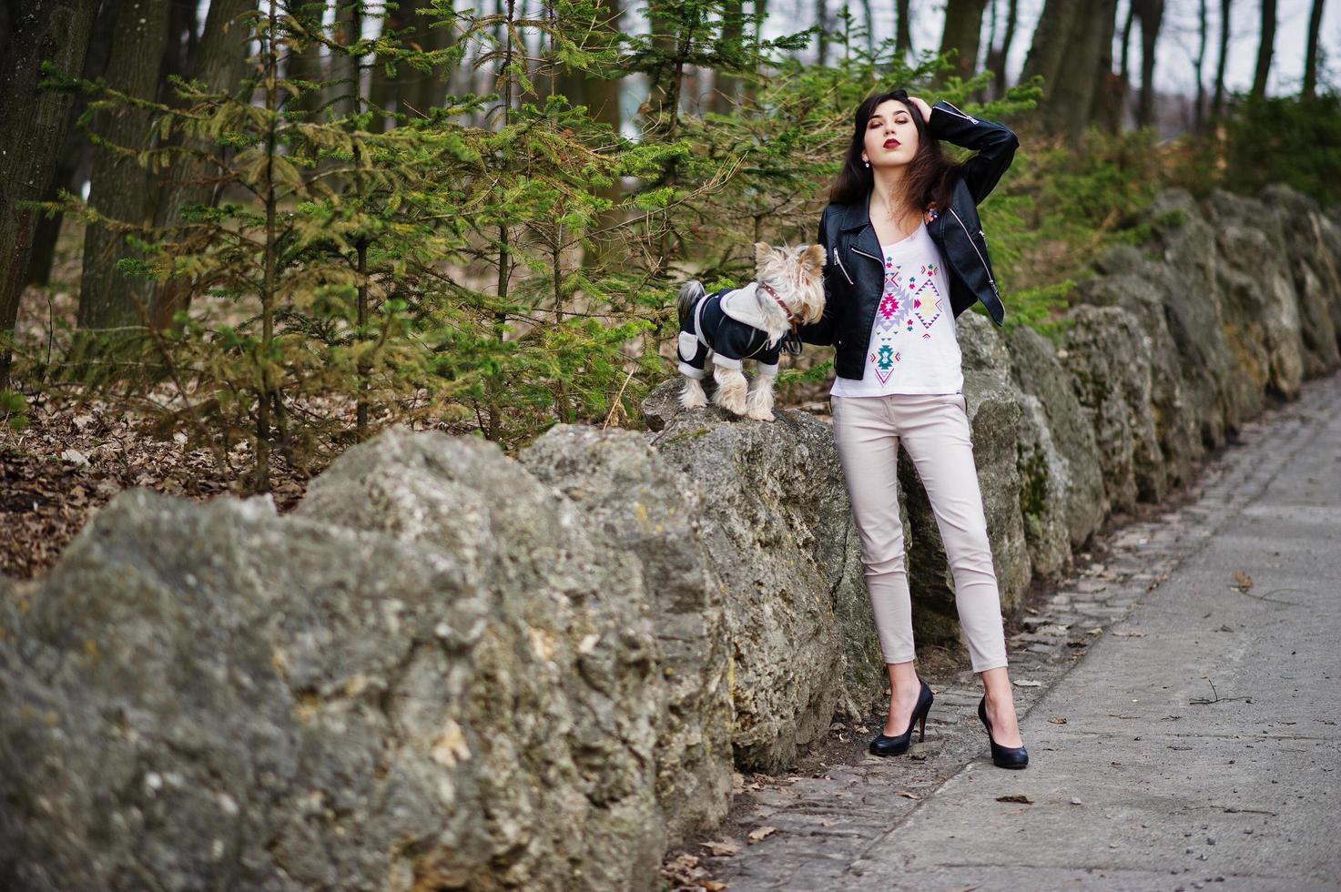 Brunette gypsy girl with yorkshire terrier dog posed against stones on park. Model wear on leather jacket and t-shirt with ornament, pants and shoes with high heels. photo
