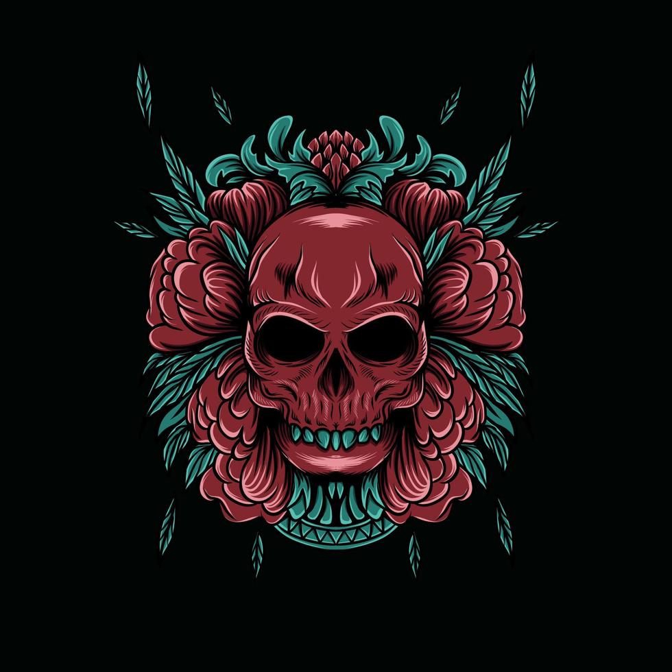 skull illustration with rose flower vector