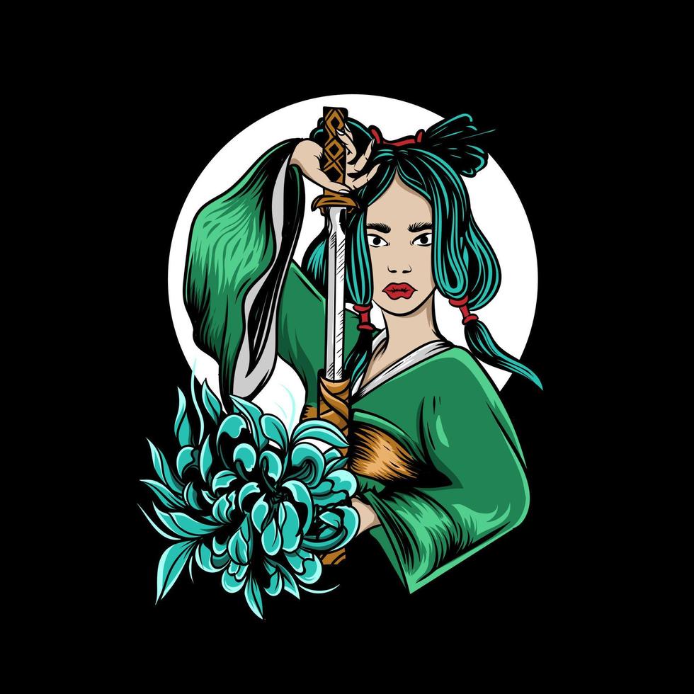 geisha woman with sword flower and moon illustration from japan vector