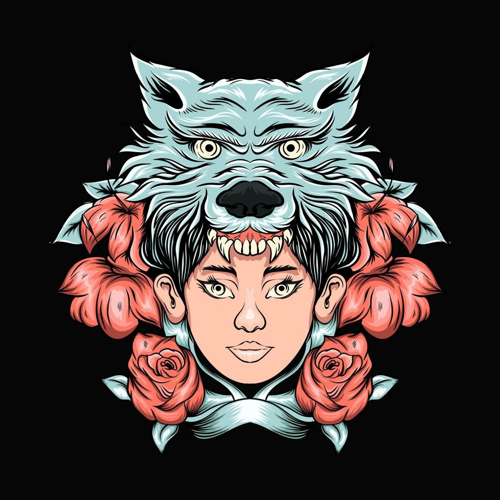 beautiful wolf a woman with flower illustration vector