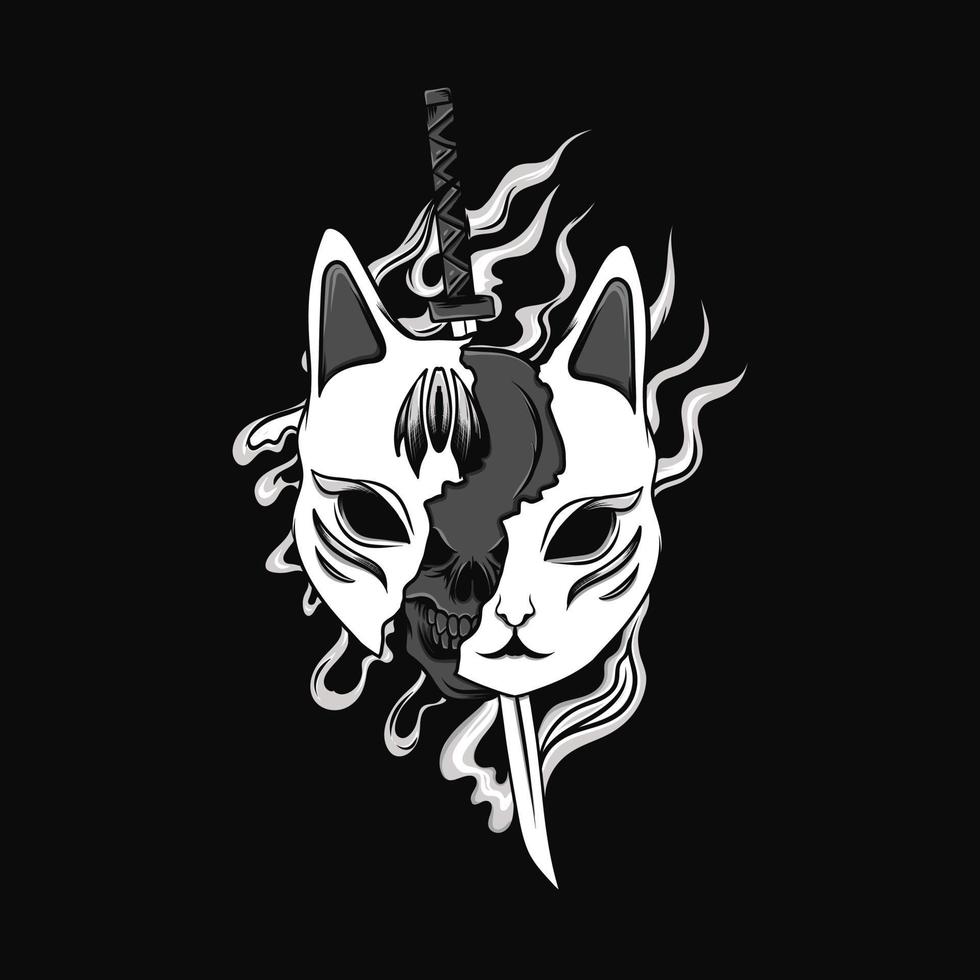 mask kitsune illustration with fire black and white vector