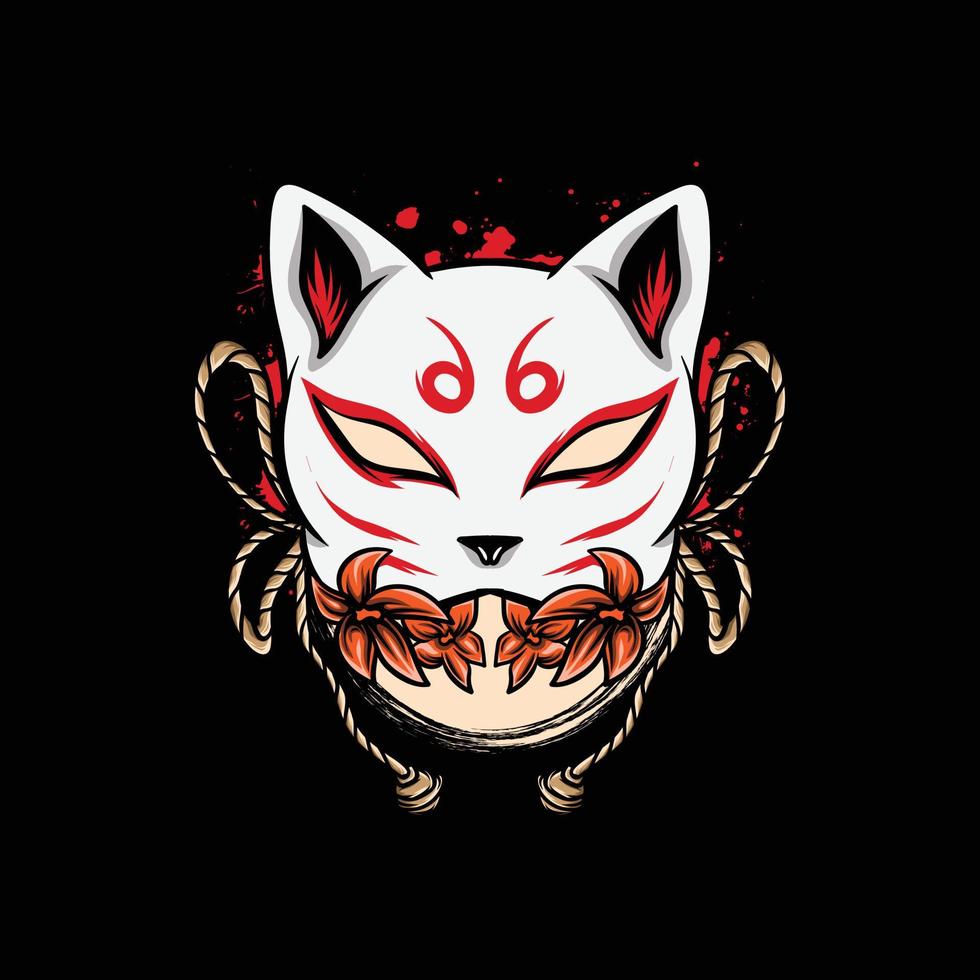 kitsune mask with moon and flowers on black background vector