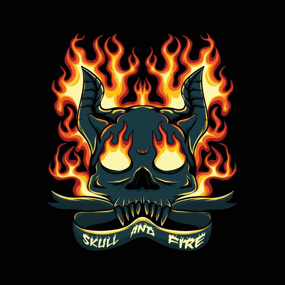 horned skull head with smoldering fire on black background vector