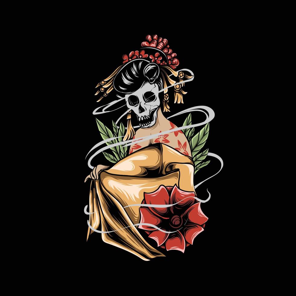 geisha con cabeza de calavera, flores e ilustración de humo vector