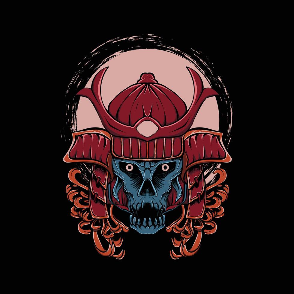 japanese samurai skull head illustration with moon and flowers vector
