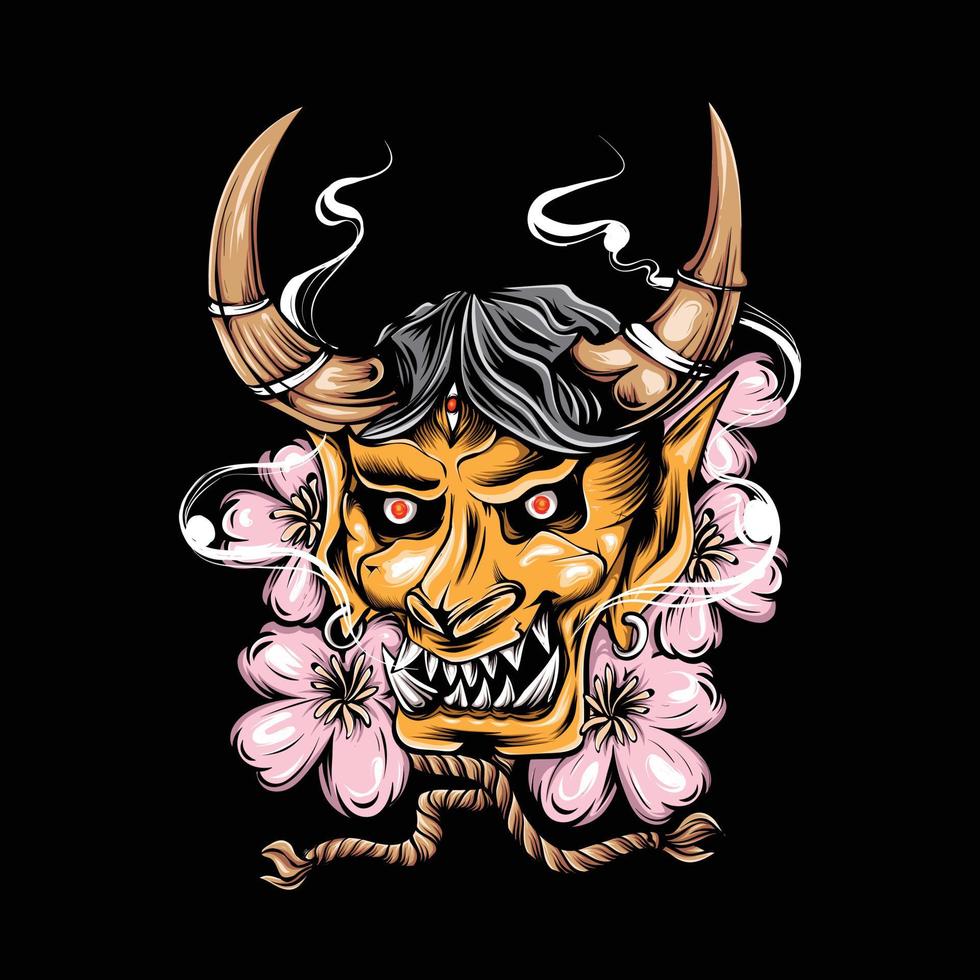ilustración de flor y oro de máscara oni japonesa para diseño e impresión de camisetas vector