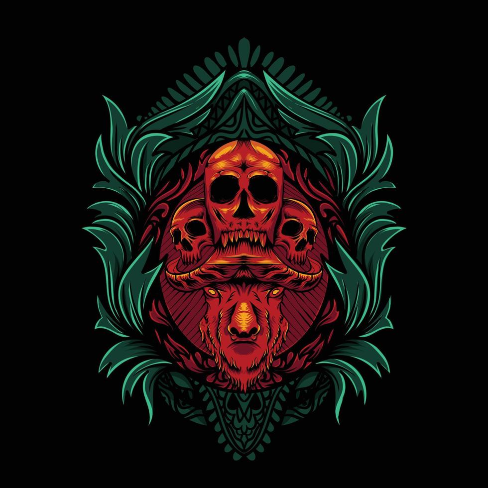 illustration of a skull and buffalo head on an ornament on a black background vector
