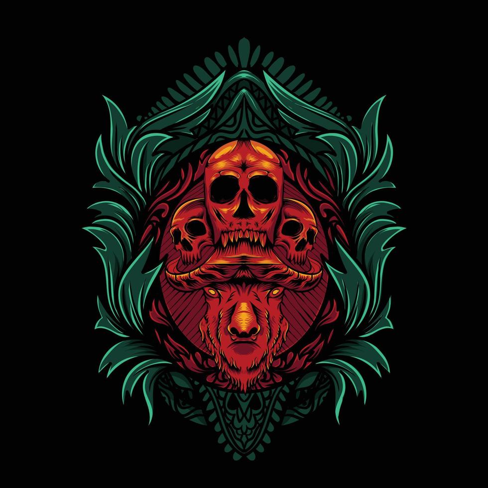 illustration of a skull and buffalo head on an ornament on a black background vector