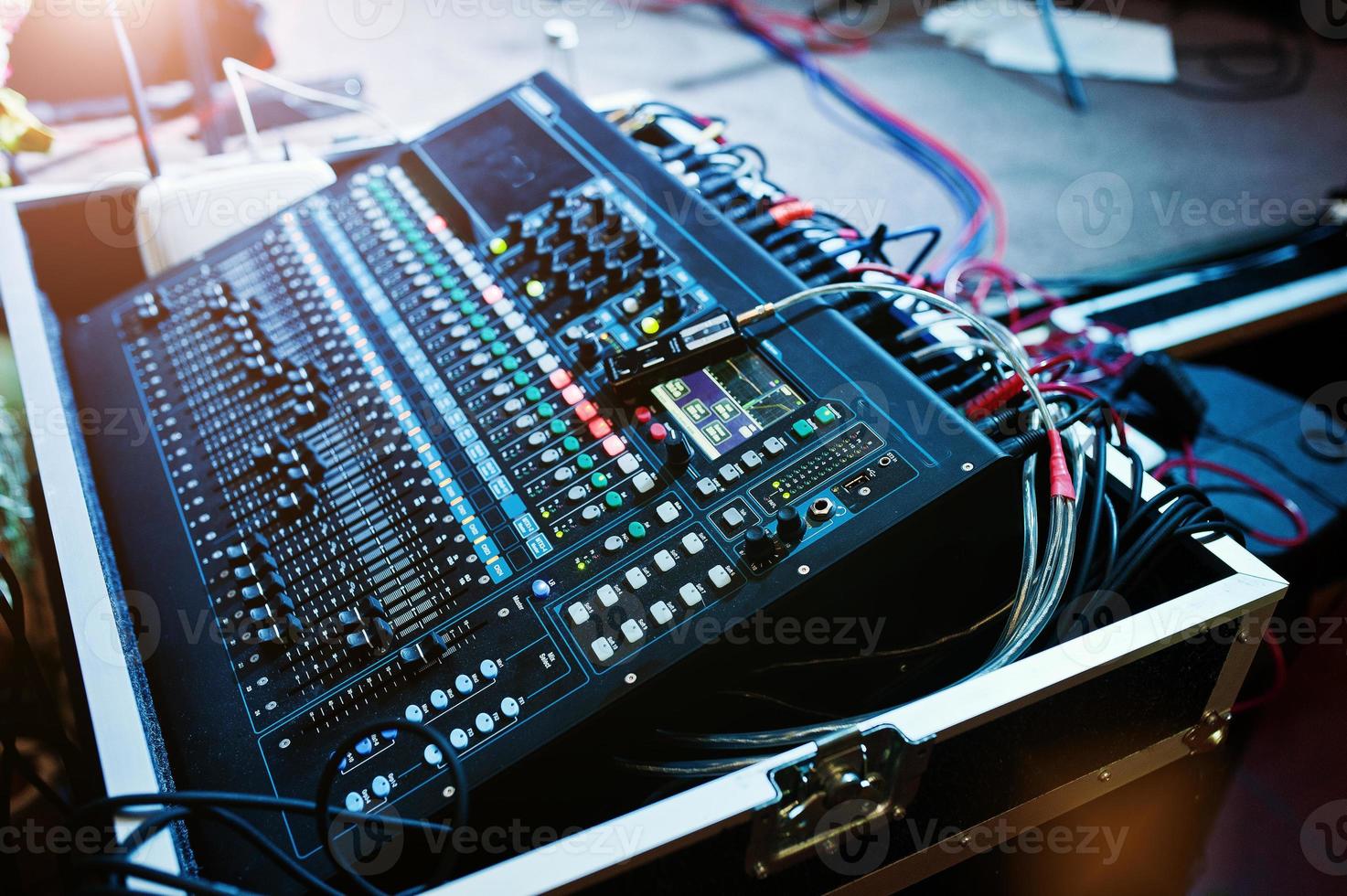 Digital mixing console. Sound mixer control panel, closeup of audio faders. photo
