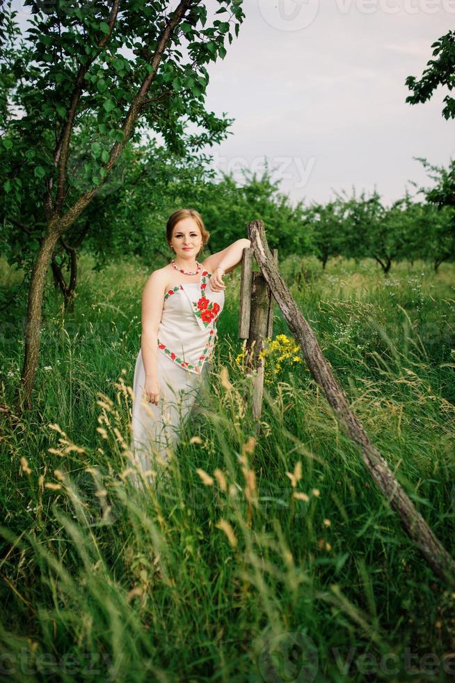 niña en vestido nacional ucraniano posó en el jardín de primavera. foto