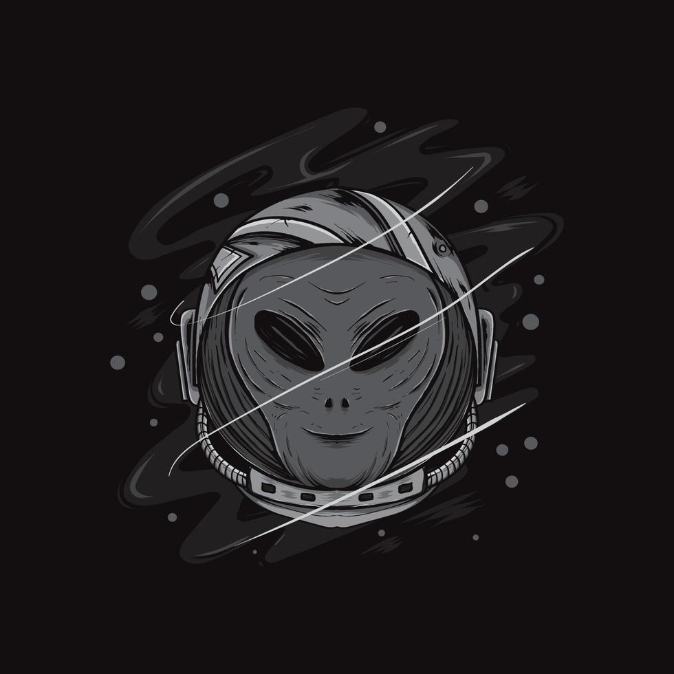 ilustración de cabeza de astronauta alienígena en blanco y negro vector