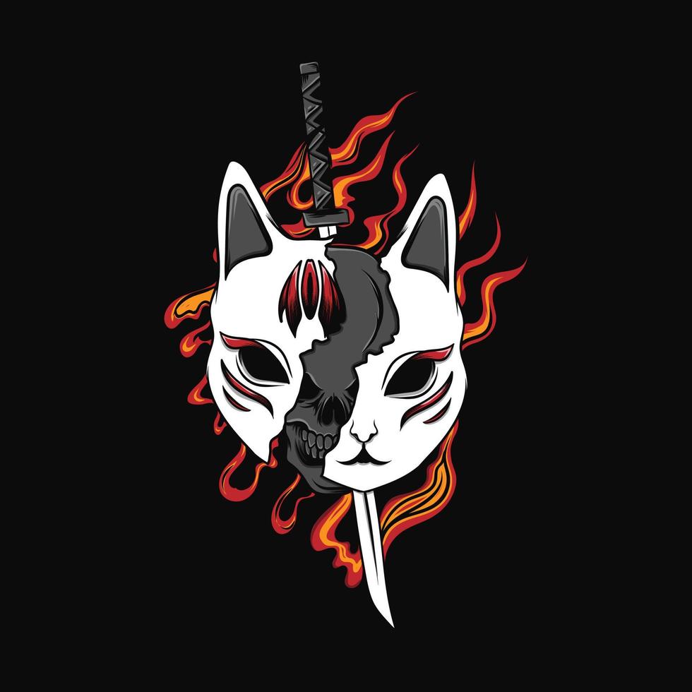 mask kitsune illustrasi with fire vector