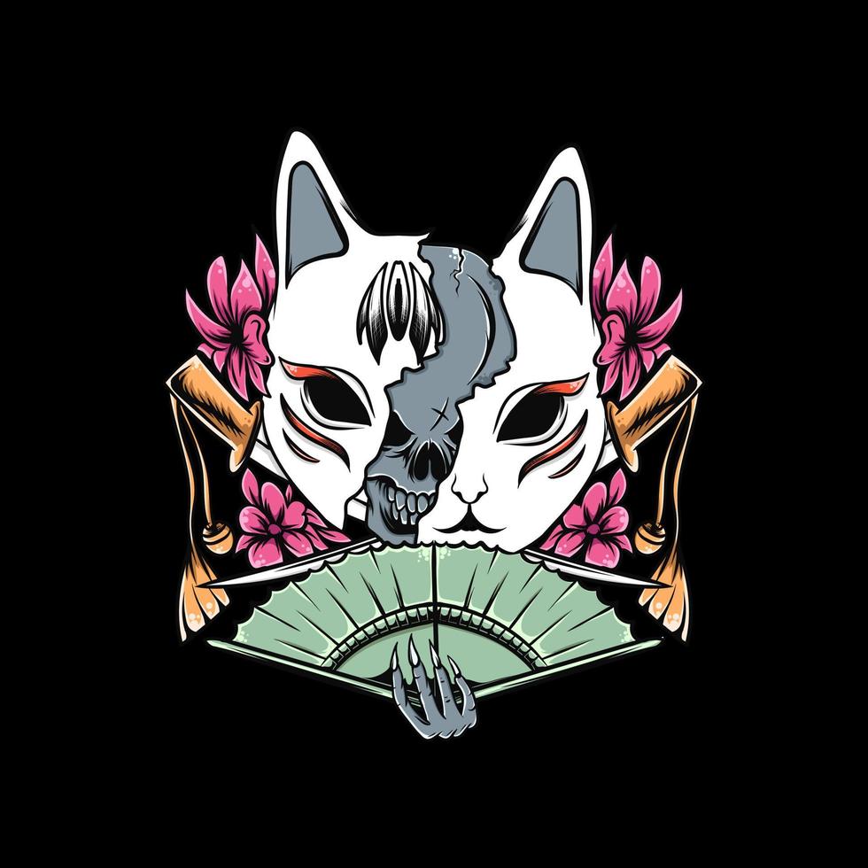 kitsune mask illustration with sword and fan flower vector