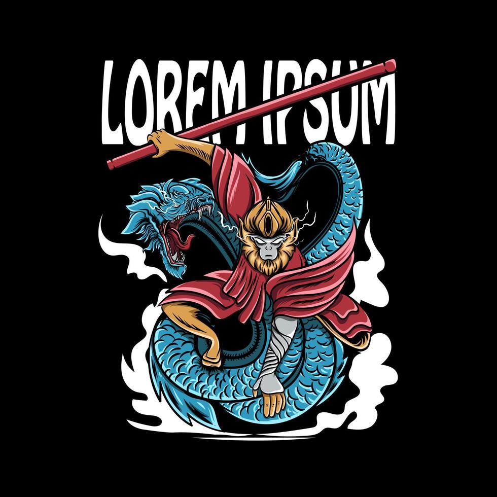 sun wukong illustration with dragon blue vector