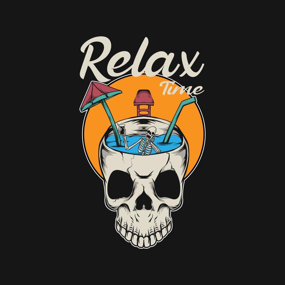 skull head with umbrella, straw, swimming pool with relax time letters vector