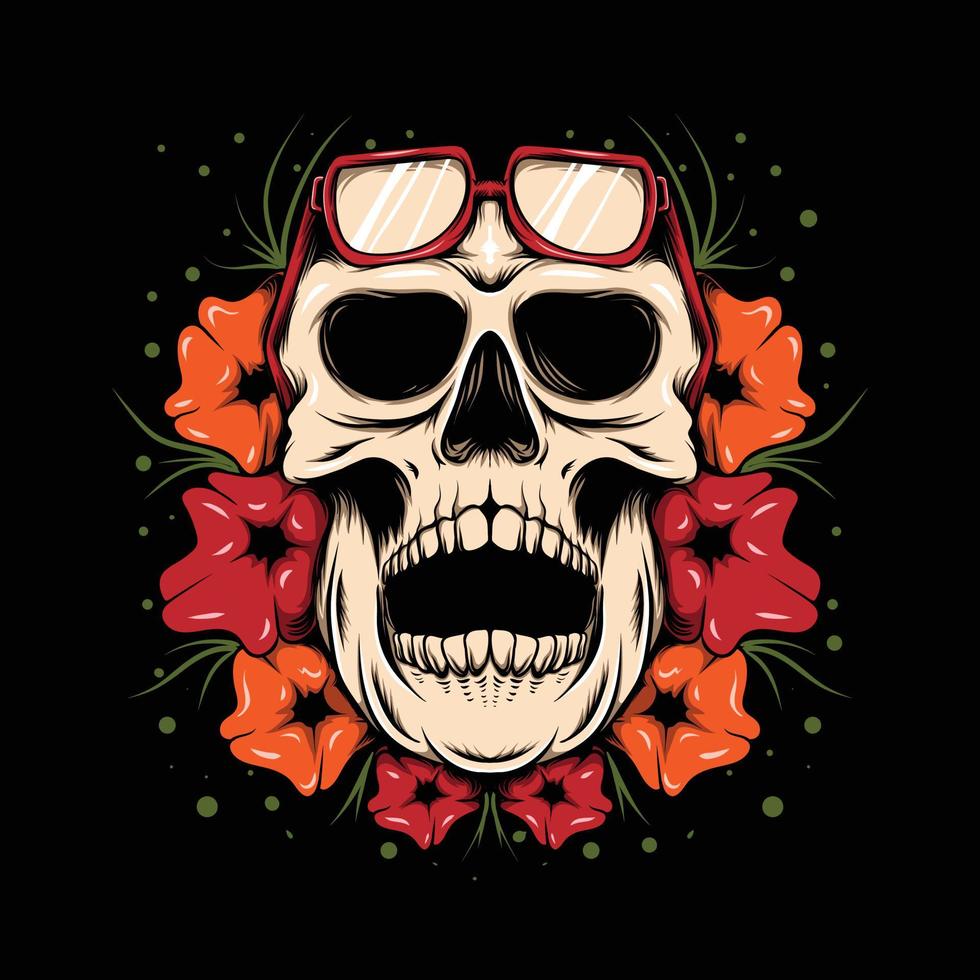 cráneo con diseño de camiseta de ilustración de vibraciones de flores vector